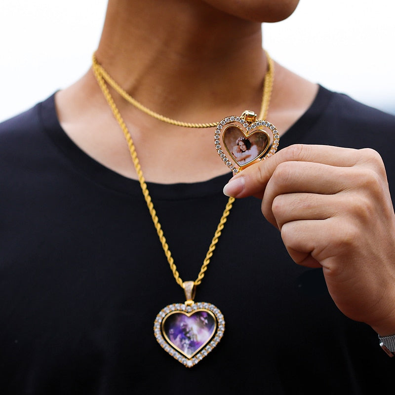 D&amp;Z Custom Made Photo Rotating Heart Shape Double-sided Pendant Necklace 4mm Tennis Chain Zircon Men&