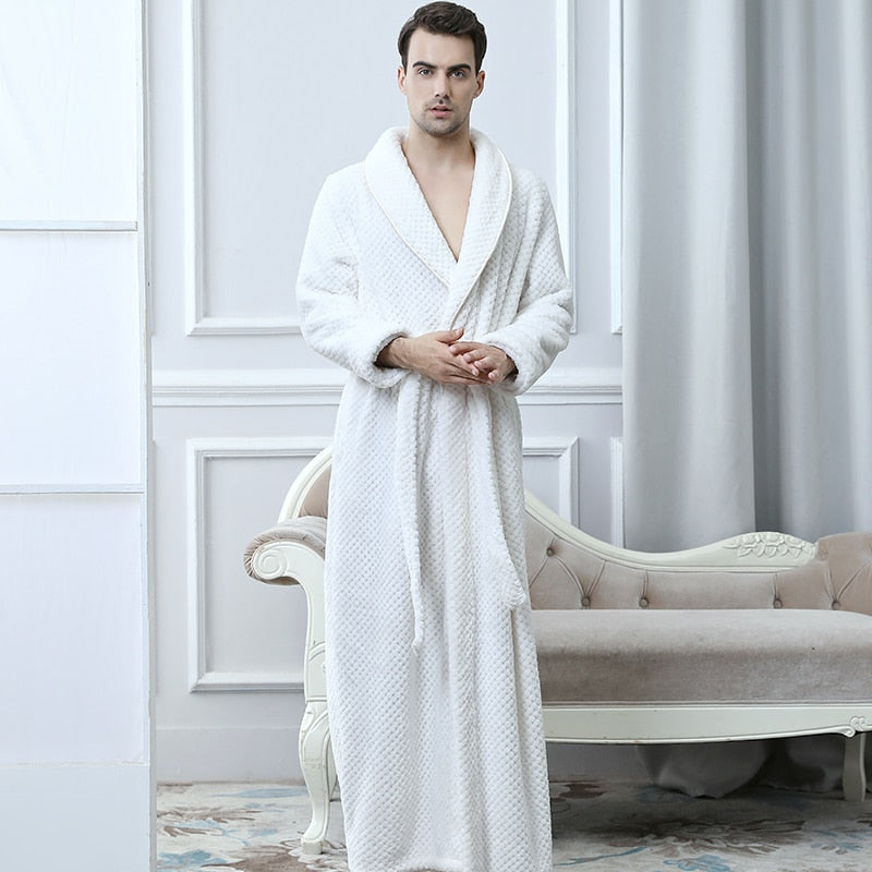 Men Winter Plus Size Long Coral Fleece Bathrobe Kimono Warm Flannel Bath Robe Men Cozy Robes Night Sleepwear Women Dressing Gown