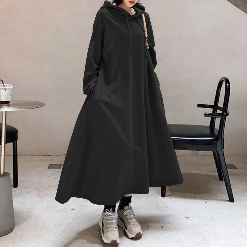 Fashion Hooded Hoodies Dress Women Autumn Sweatshirts 2022 ZANZEA Casual Long Sleeve Maxi Vestidos Female Solid Robe