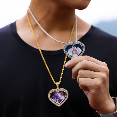 D&amp;Z Custom Made Photo Rotating Heart Shape Double-sided Pendant Necklace 4mm Tennis Chain Zircon Men&#39;s Hip hop Jewelry