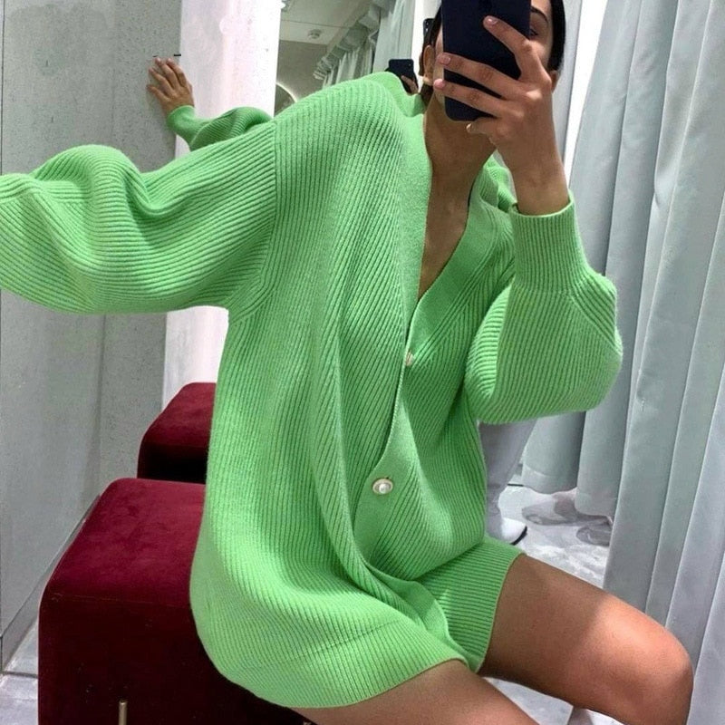 MUICHES Casual V-Neck Single Breasted Sweater Woman Lantern Sleeve Pearl Button Solid Oversized Cardigan 2021 New Fashion