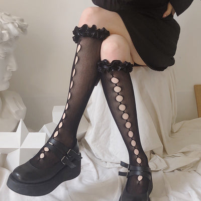 Lolita White Lace Stocking Women Mesh High Knee Frilly Socks Girls JK Transparent Thin Long Stockings Leg Dress Calcetine Medias