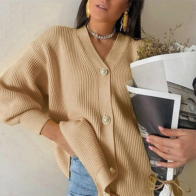 MUICHES Casual V-Neck Single Breasted Sweater Woman Lantern Sleeve Pearl Button Solid Oversized Cardigan 2021 New Fashion