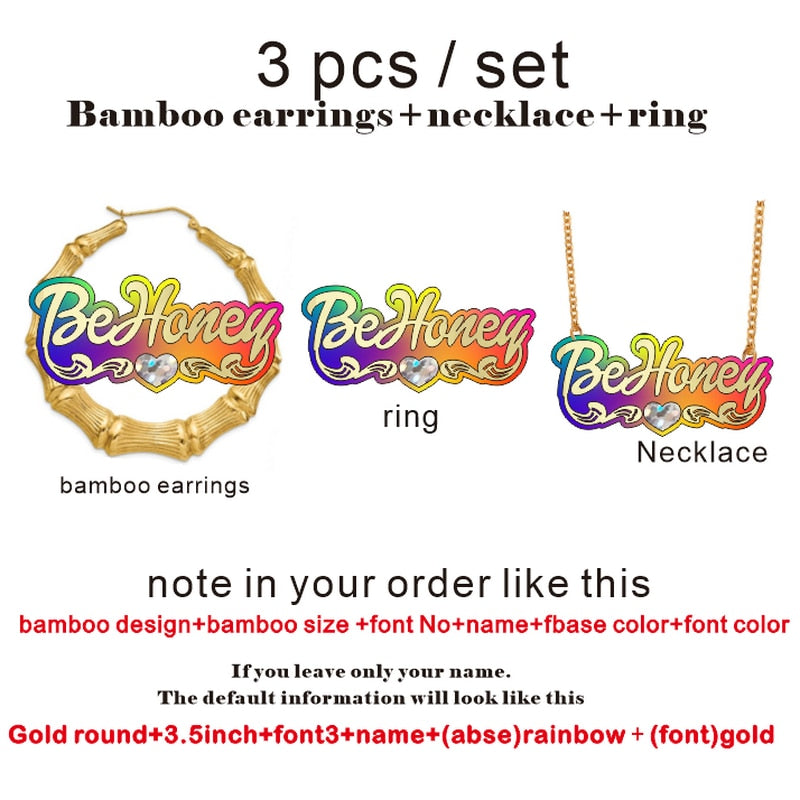 BeHoney Fashion Simple Personality Acrylic Custom Name bamboo Earrings Cartoons rainbow Name Necklace  Jewelry Christmas Gift C4