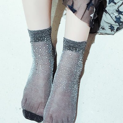 KASURE High Fashion Transparent Mesh Sock With Shiny Crystal Stone For Women Girls Glitter Silver Short Ankle Socks For Women