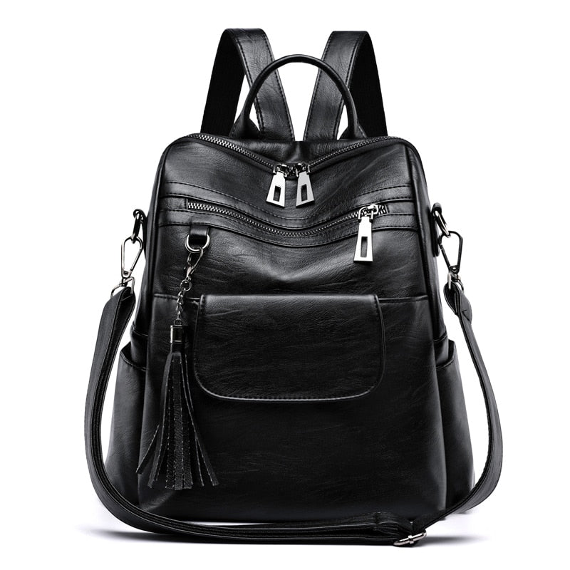 New Women Backpacks Soft Leather Fashion Casual Tassel Bags Female Shoulder Bag Large Capacity School Backpack for Teenage Girls