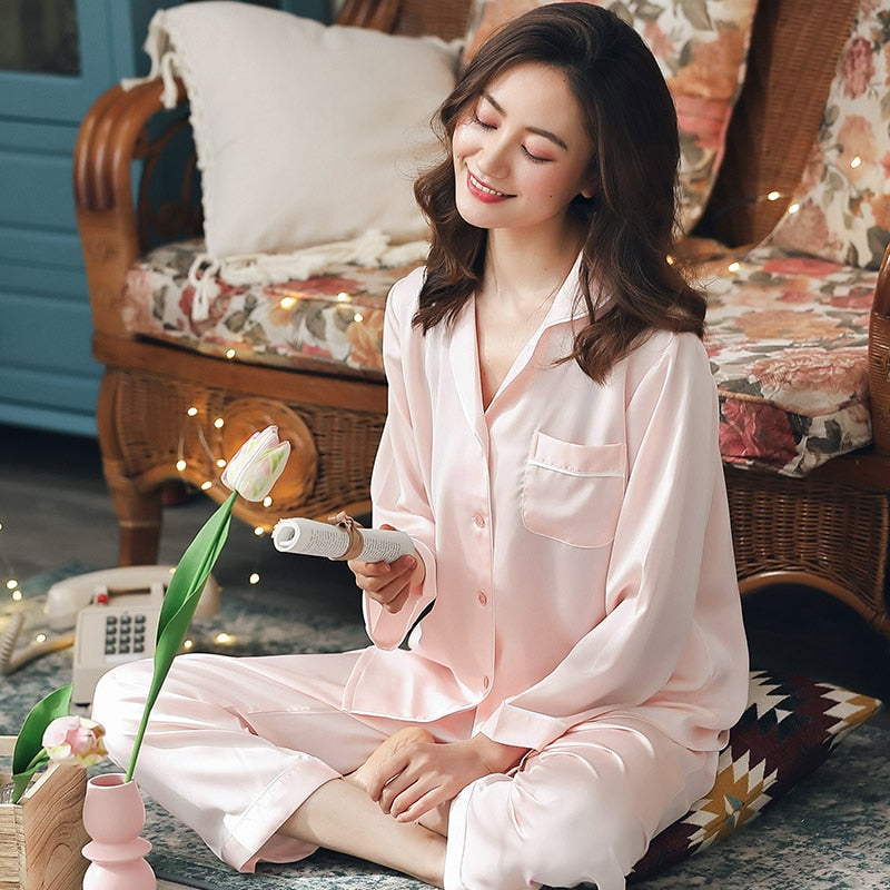 Summer Satin Pajamas Women Pyjamas PJ Set Home Clothes Long Sleeve Sleepwear Suit Pink Night Wear Ice-Silk White Pijamas Femme