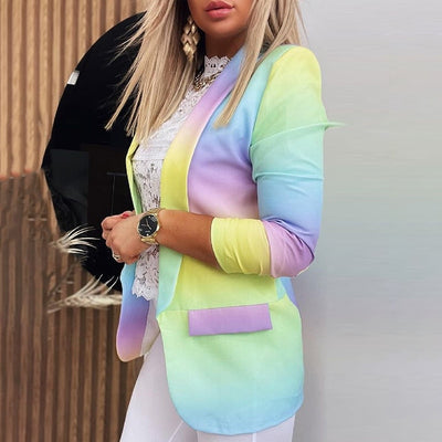 2021 New Women Elegant Blazer Clothing Workwear Lady ColorBlock Casual Coat Tops