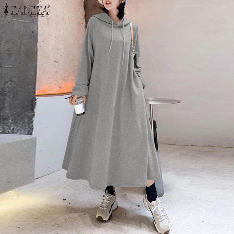 Fashion Hooded Hoodies Dress Women Autumn Sweatshirts 2022 ZANZEA Casual Long Sleeve Maxi Vestidos Female Solid Robe