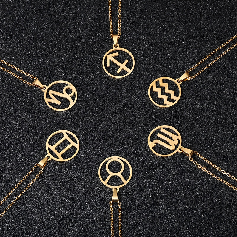 Rinhoo Stainless Steel Star Zodiac Sign Necklace 12 Constellation Pendant Necklace Women Chain Necklace Men Jewelry Gifts