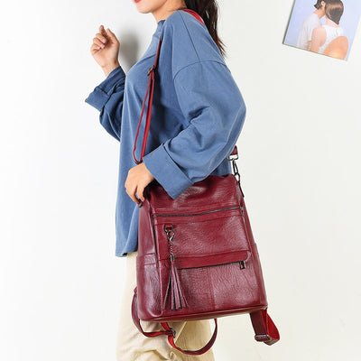 New Women Backpacks Soft Leather Fashion Casual Tassel Bags Female Shoulder Bag Large Capacity School Backpack for Teenage Girls