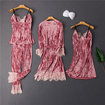 Lady Pajamas Suit Nighty&amp;Robe Set Sexy Velvet Sleepwear Intimate Lingerie 2021 Autumn New Kimono Gown Homewear Nightgown