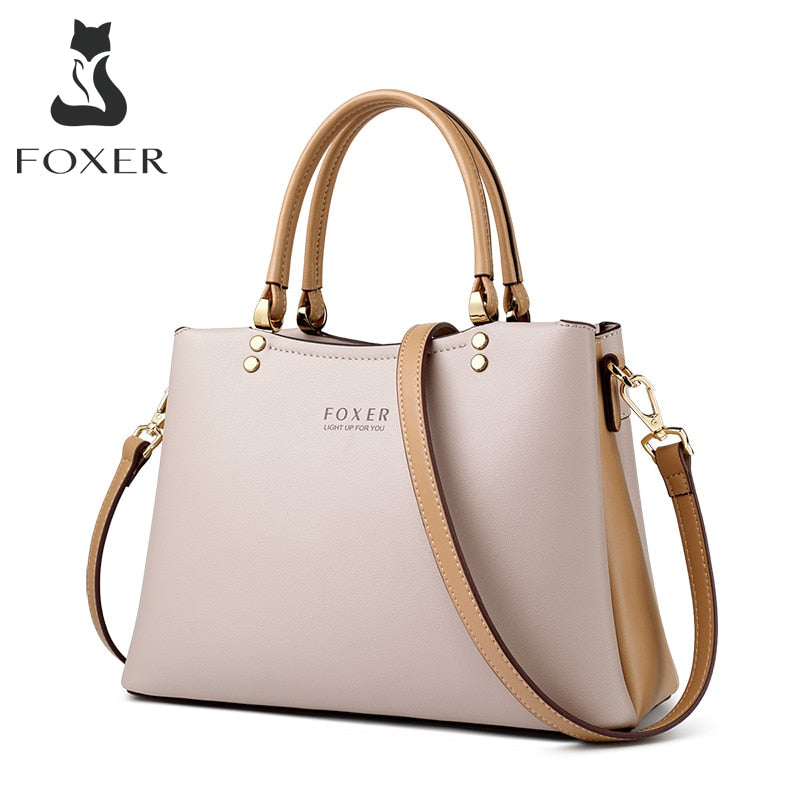 FOXER Elegant Fall Winter Bag Cowhide Leather Lady Handbag Simple Tote Female Large Capacity Purse Brand Messenger Bag for Women