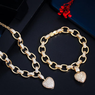 CWWZircons 585 Gold Color Cubic Zirconia Dangle Love Heart Shape Charm Bracelet Pendant Necklace Women Costume Jewelry Set  T468