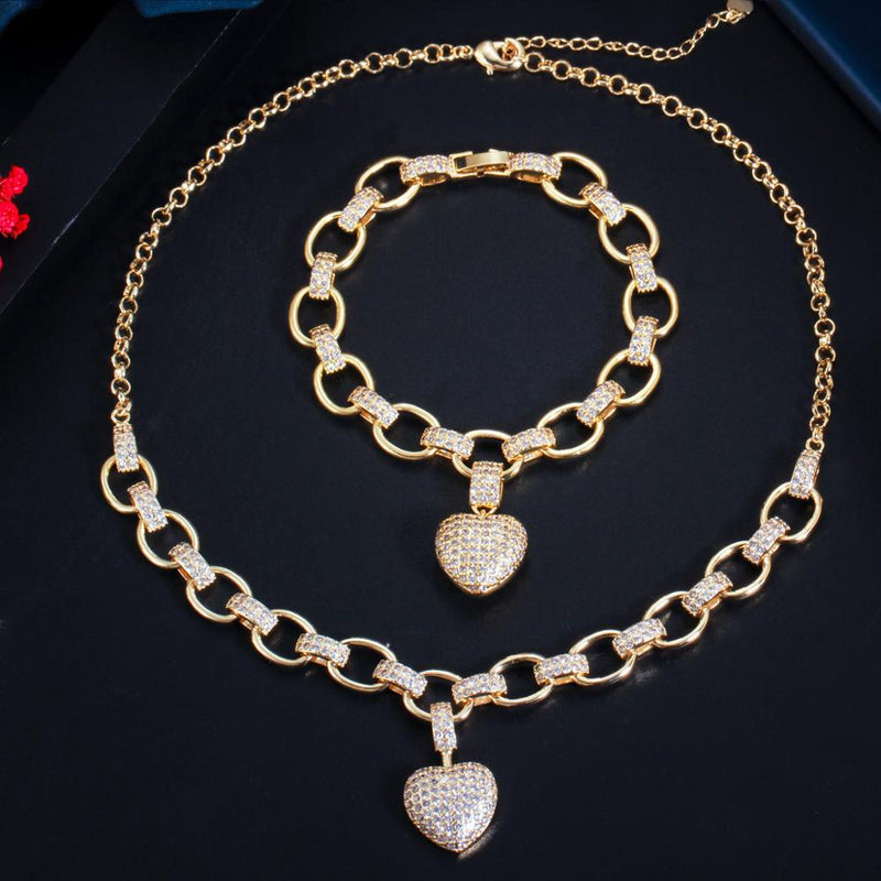 CWWZircons 585 Gold Color Cubic Zirconia Dangle Love Heart Shape Charm Bracelet Pendant Necklace Women Costume Jewelry Set  T468