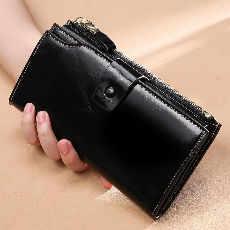 RFID Blocking Genuine Leather Women Wallet Long Lady Leather Purse Brand Design Luxury Oil Wax Leather Female Wallet Coin Purse