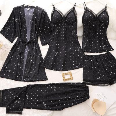 Women Robe Suit Pajamas Nighty&amp;Satin Kimono Bathrobe Gown Nightdress Silky Lace Sleep Set Nightwear Sexy Nightgown