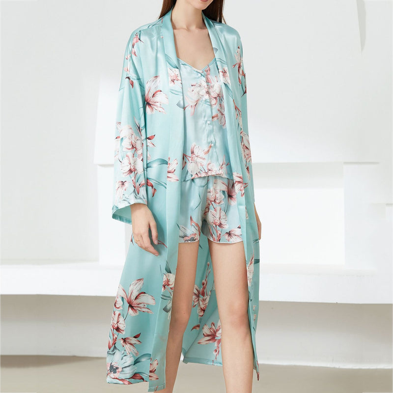 Print Flower Nighty&amp;Robe Suit Sleepwear Sexy Satin Kimono Gown Women Bathrobe Intimate Lingerie Nightwear Silky Nightgown