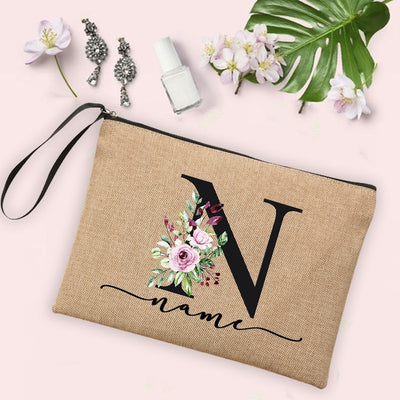 Flower Initial Letter Custom Name Cosmetic Bag Women Neceser Makeup Bag Linen Zipper Pouch Travel Toiletry Organizer Mujer Bolsa