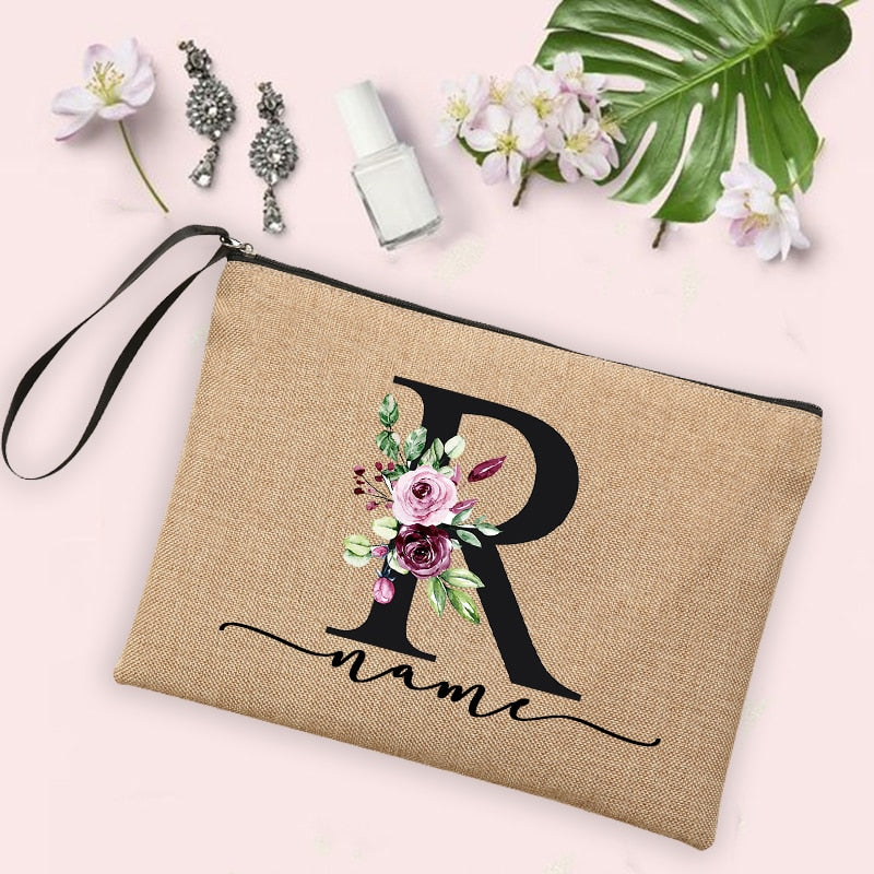 Flower Initial Letter Custom Name Cosmetic Bag Women Neceser Makeup Bag Linen Zipper Pouch Travel Toiletry Organizer Mujer Bolsa