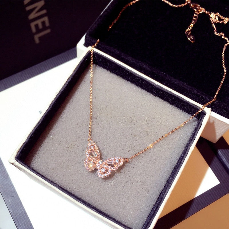 Korean Fashion Gold RoseGold Butterfly Pendant Necklaces for Women Female Shiny Crystal Chokers Necklace Wedding Valentine Gift