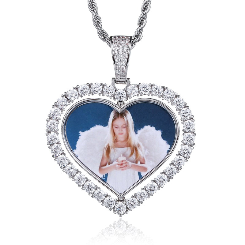 D&amp;Z Custom Made Photo Rotating Heart Shape Double-sided Pendant Necklace 4mm Tennis Chain Zircon Men&