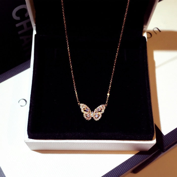Korean Fashion Gold RoseGold Butterfly Pendant Necklaces for Women Female Shiny Crystal Chokers Necklace Wedding Valentine Gift