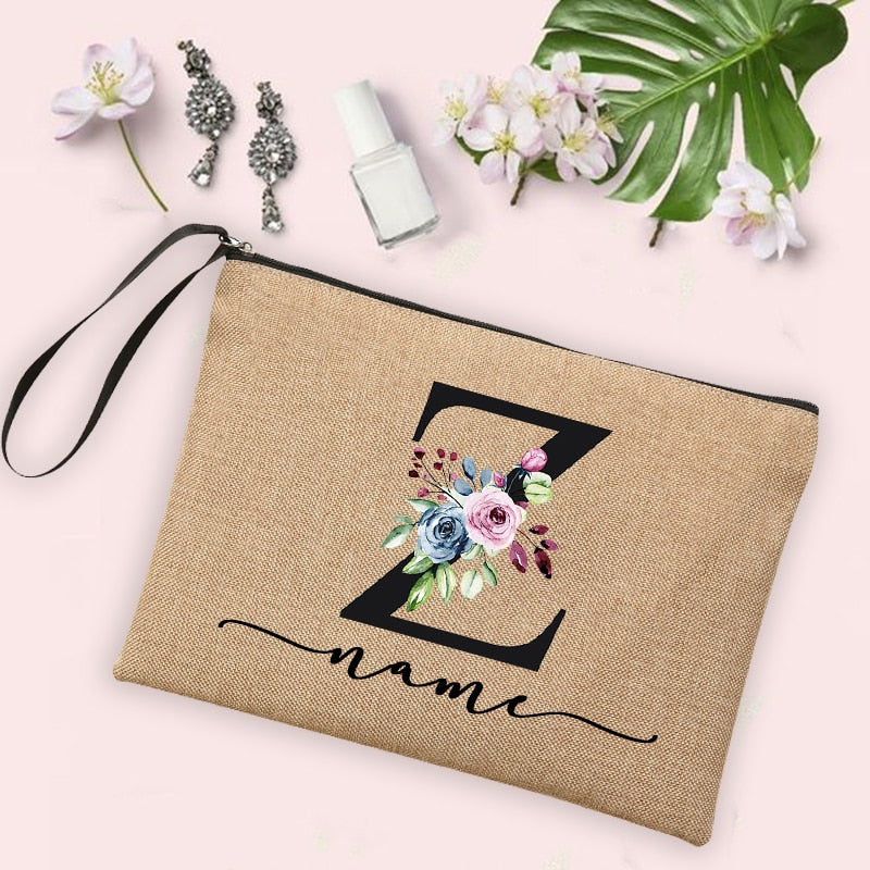 Flower Initial Letter Custom Name Cosmetic Bag Women Neceser Makeup Bag Linen Zipper Pouch Travel Toiletry Organizer Mujer Bolsa