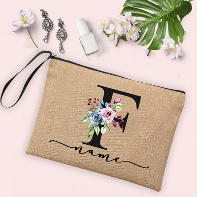 Flower Initial Letter Custom Name Cosmetic Bag Women Neceser Makeup Bag Linen Zipper Pouch Travel Toiletry Organizer Mujer Bolsa