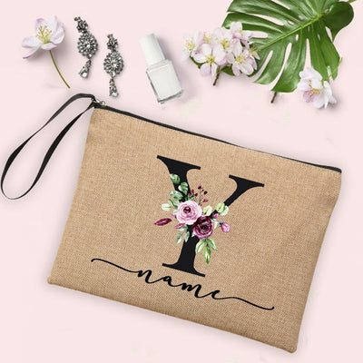 Flower Initial Letter Custom Name Cosmetic Bag Women Neceser Makeup Bag Linen Zipper Pouch Travel Toiletry Organizer Mujer Bolsa