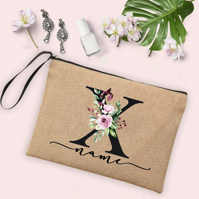 Flower Initial Letter Custom Name Cosmetic Bag Women Neceser Makeup Bag Linen Zipper Pouch Travel Toiletry Organizer Mujer Bolsa