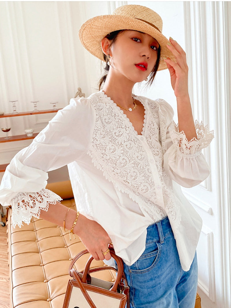 Jastie 2022 Spring Summer Ruffled Embroidery Blouses V-Neck Long-sleeve French Blouse V-neck Boho White Lady Shirts Blusas