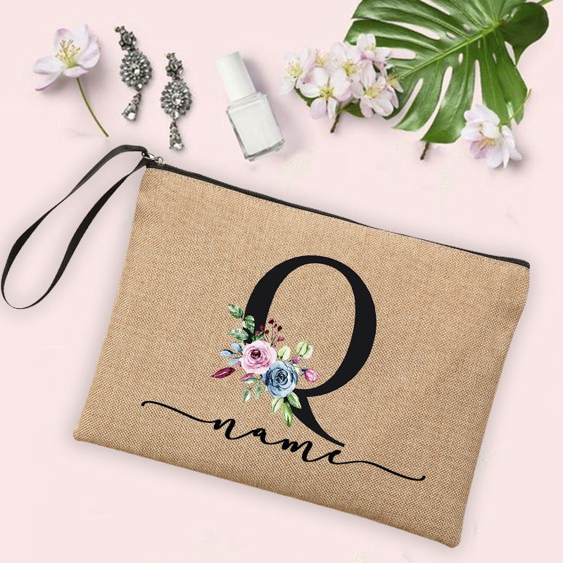 Flower Initial Letter Custom Name Cosmetic Bag Women Neceser Makeup Bag Linen Zipper Pouch Travel Toiletry Organizer Mujer Bolsa