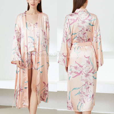 Print Flower Nighty&amp;Robe Suit Sleepwear Sexy Satin Kimono Gown Women Bathrobe Intimate Lingerie Nightwear Silky Nightgown