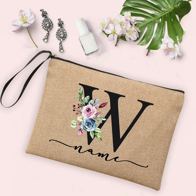 Flower Initial Letter Custom Name Cosmetic Bag Women Neceser Makeup Bag Linen Zipper Pouch Travel Toiletry Organizer Mujer Bolsa