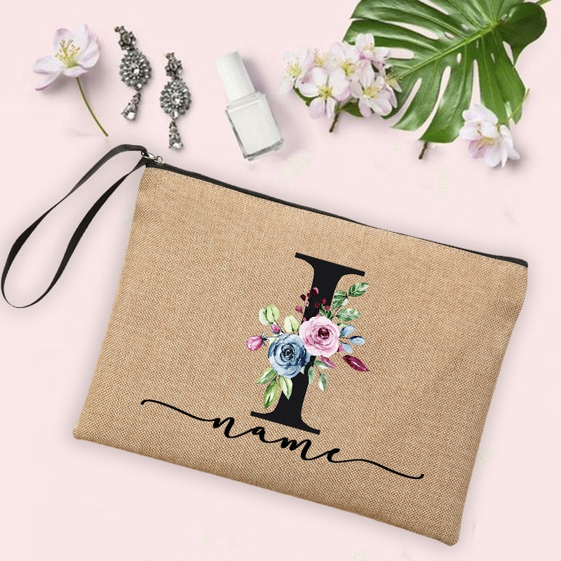 Flower Initial Letter Custom Name Cosmetic Bag Women Neceser Makeup Bag Linen Zipper Pouch Travel Toiletry Organizer Mujer Bolsa