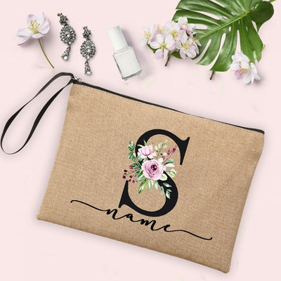 Flower Initial Letter Custom Name Cosmetic Bag Women Neceser Makeup Bag Linen Zipper Pouch Travel Toiletry Organizer Mujer Bolsa