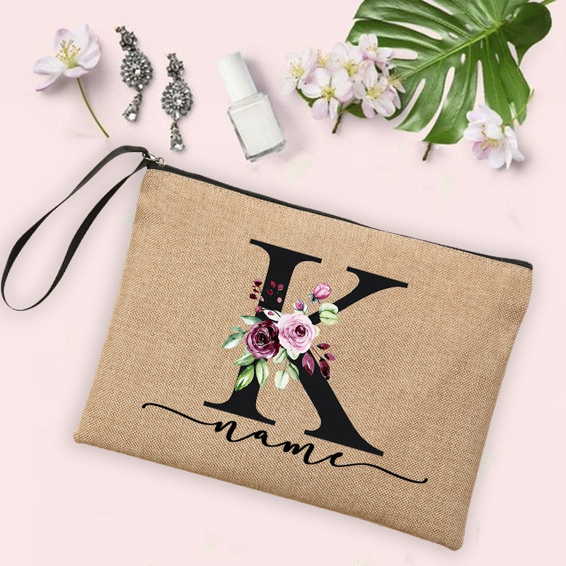 Flower Initial Letter Custom Name Cosmetic Bag Women Neceser Makeup Bag Linen Zipper Pouch Travel Toiletry Organizer Mujer Bolsa