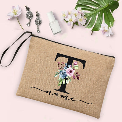 Flower Initial Letter Custom Name Cosmetic Bag Women Neceser Makeup Bag Linen Zipper Pouch Travel Toiletry Organizer Mujer Bolsa