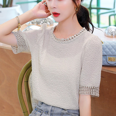 Casual O Neck Casaul Women Blouse 2023 Summer Pleated Apricot Purple Tops Blusas Mujer Short Sleeve Chiffon Shirt Women 10205