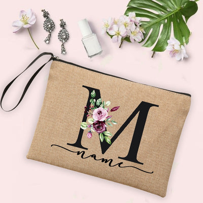 Flower Initial Letter Custom Name Cosmetic Bag Women Neceser Makeup Bag Linen Zipper Pouch Travel Toiletry Organizer Mujer Bolsa