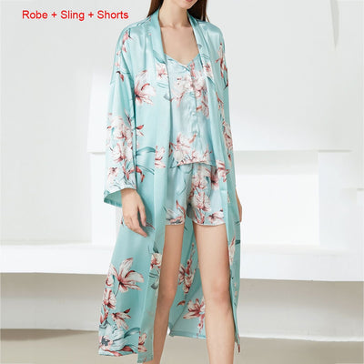 Print Flower Nighty&amp;Robe Suit Sleepwear Sexy Satin Kimono Gown Women Bathrobe Intimate Lingerie Nightwear Silky Nightgown