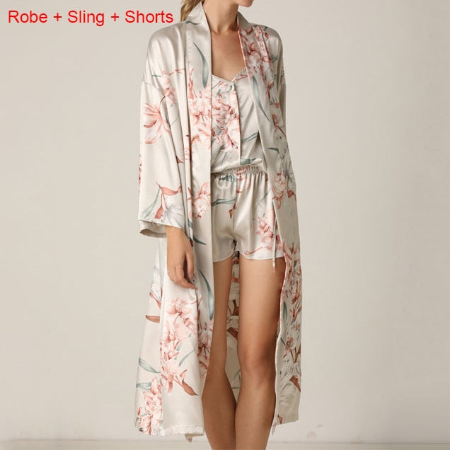 Print Flower Nighty&amp;Robe Suit Sleepwear Sexy Satin Kimono Gown Women Bathrobe Intimate Lingerie Nightwear Silky Nightgown