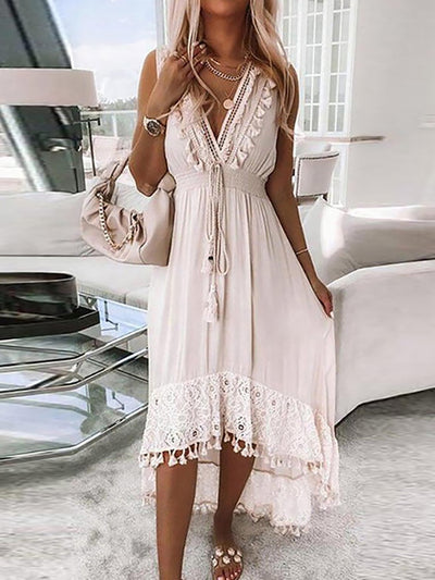 2022 Summer Casual V-Neck Lace Patchwork Dress Women Mid-Calf Dress Sexy Hollow Out Sleeveless Spaghetti Strap Dresses Vestidos