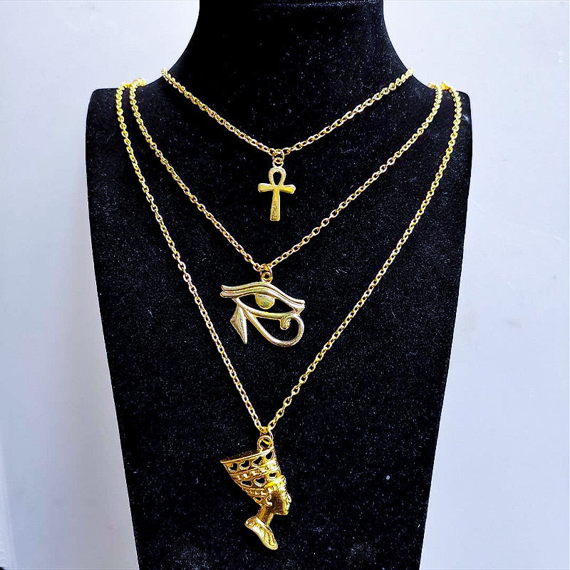 Layered Necklace Women Gold Ankh Cross Horus Nefertiti Anubis pendant Egypt Jewelry Accessories Spiritual Products Designer