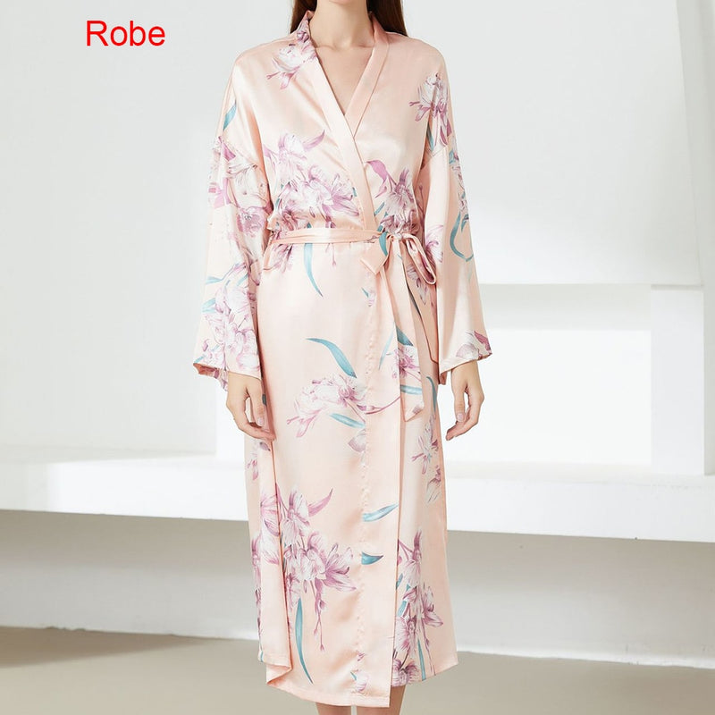 Print Flower Nighty&amp;Robe Suit Sleepwear Sexy Satin Kimono Gown Women Bathrobe Intimate Lingerie Nightwear Silky Nightgown