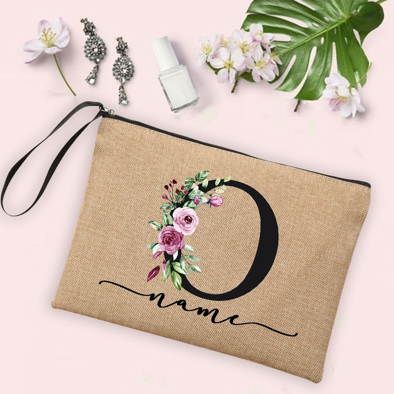 Flower Initial Letter Custom Name Cosmetic Bag Women Neceser Makeup Bag Linen Zipper Pouch Travel Toiletry Organizer Mujer Bolsa