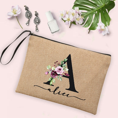 Flower Initial Letter Custom Name Cosmetic Bag Women Neceser Makeup Bag Linen Zipper Pouch Travel Toiletry Organizer Mujer Bolsa