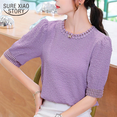 Casual O Neck Casaul Women Blouse 2023 Summer Pleated Apricot Purple Tops Blusas Mujer Short Sleeve Chiffon Shirt Women 10205