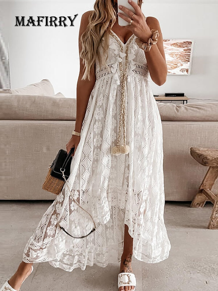 2022 Summer Casual V-Neck Lace Patchwork Dress Women Mid-Calf Dress Sexy Hollow Out Sleeveless Spaghetti Strap Dresses Vestidos